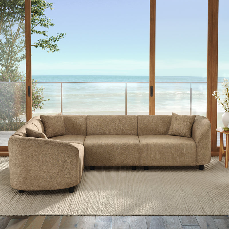L-Shaped Curved Contemporary Sectional Sofa in Camel: Plush 4-Seater, Sculptural Design & Premium Bouclé Upholstery – Modern Luxury for Spacious Living