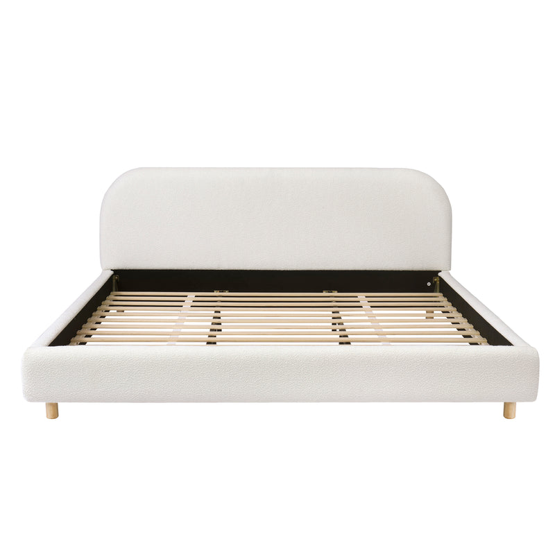 California King Size Upholstered Bed With Boucle Fabric,Curved-Shape Design Thick Headboard, Solid Wood Legs,White (old sku N757P411871K)