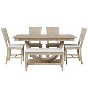 TOPMAX 6-Piece Wood Half Round Dining Table Set Kitchen Table Set with Long Bench and 4 Dining Chairs, Modern Style, Seadrift