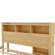 Queen Size Bed with Drawers, Wood Queen Bed with Storage Headboard and Pull Out Storage Cabinet, Wood Bed with Light and Socket,Natural(Expect Arrival Date 2626/7/30)