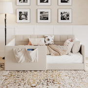 Full Size Daybed Velvet Upholstered Sofa Bed with High Side Panels and Side Entrance, Space-Saving Guest Bed with Storage Pockets, Beige