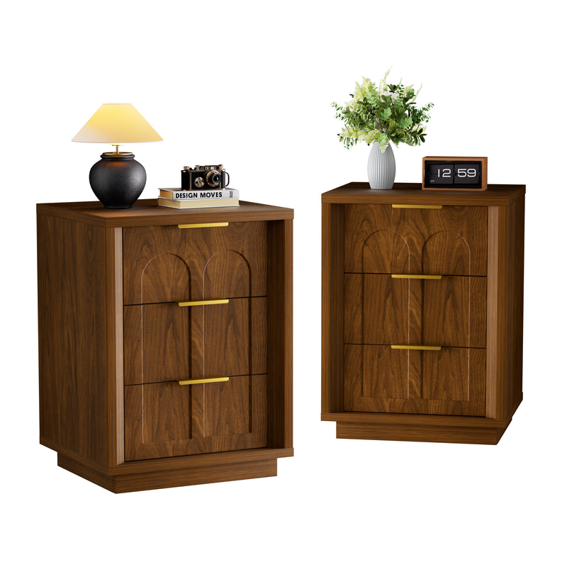 Two-piece nightstand set with arched grooves, large side table with three drawers, spacious storage side table with metal handles, suitable for bedrooms, living rooms, and offices, Walnut