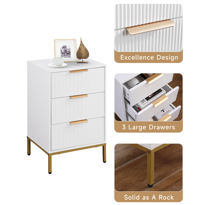 Nightstand with 3 Drawers,Mid-Century Modern End Table,Bedside Table, Gold Metal Legs,Gold Metal Handles,Wavy Drawer PanelsEnd Table for Bedroom White