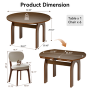 51.2' Solid Wood Extendable Dining Table Set with 6 Upholstered Chairs, 7 Piece Farmhouse Dinner Set with Walnut Finish & Arch Legs, Drop Leaf Converts Oval to Round for Small Spaces, Easy Assembly