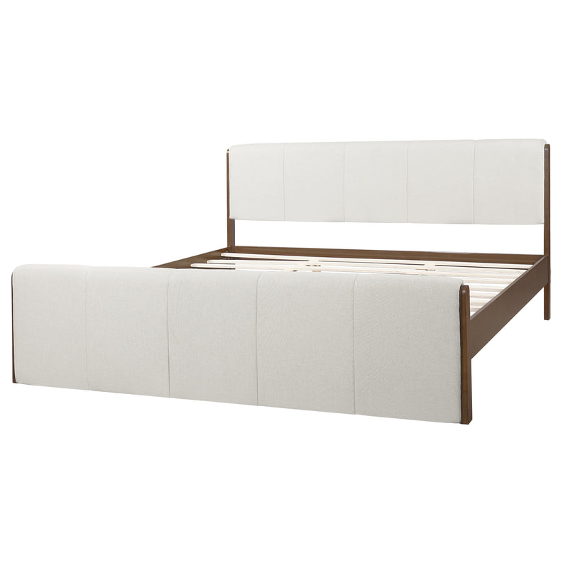 King Size Upholstered Bed Frame, Walnut Wood Trim with Grey Fabric, Pine Wood with MDF, 600 LBS Weight Capacity, Fits 8'-10' Mattress, No Box Spring Needed