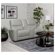 Denson Dove Grey Upholstered Power Reclining Loveseat with Console and USB Port