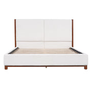 Queen Size Upholstered Bed Frame, Walnut Wood Trim with White Fabric, Plywood & Rubber Wood Construction, 600 LBS Weight Capacity, Fits 8'-10' Mattress, No Box Spring Needed