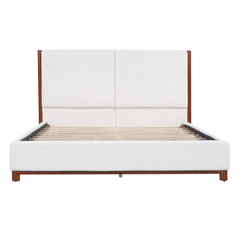 Queen Size Upholstered Bed Frame, Walnut Wood Trim with White Fabric, Plywood & Rubber Wood Construction, 600 LBS Weight Capacity, Fits 8'-10' Mattress, No Box Spring Needed