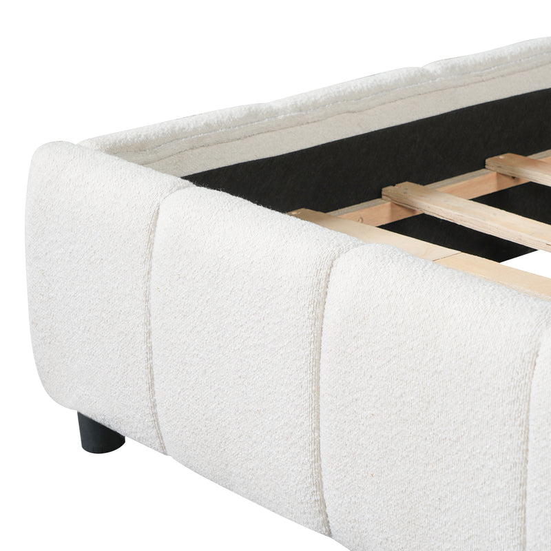 Queen Size Upholstered Bed Frame With Boucle Fabric And Thick Headboard, Off white