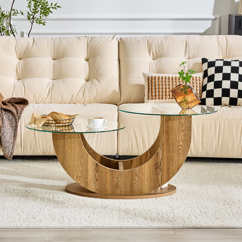 Creative U-Shaped Double-Tier Glass Coffee Table with Wood-Grain MDF Base: A Modern, Minimalist Living Room Side Table with Adjustable Height.