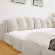 King Size Elegant Chenille Upholstered Platform Bed Frame, Thick Curved Headboard & Wrapped Footboard, Low Profile Floor Bed, No Box Spring Required, Easy Assembly, Beige