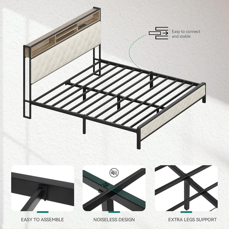 King Size Bed Frame, Platform Bed Frame with Charging Station, Upholstered Storage Headboard & Footboard Metal Slats Supports Mattress Foundation, No Box Spring Needed, Beige(No Drawers)