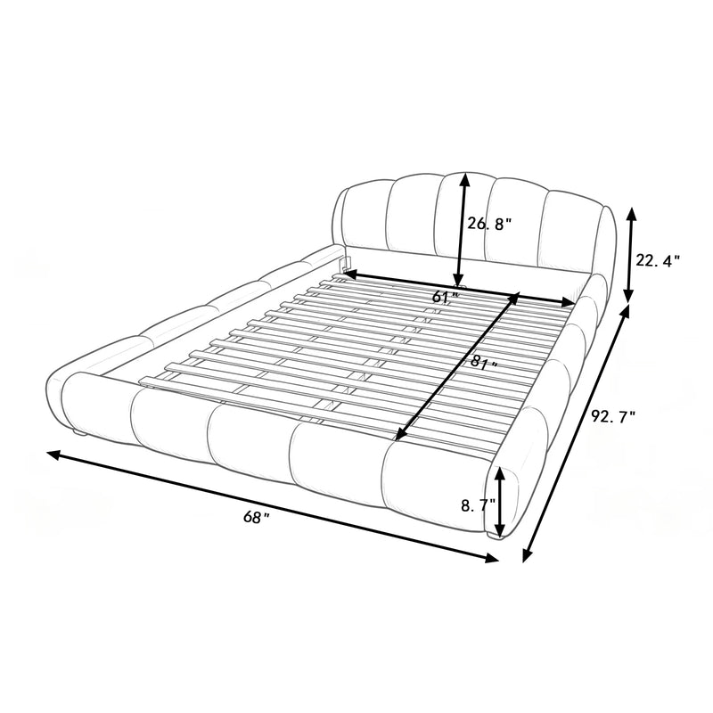 Queen Size Elegant Chenille Upholstered Platform Bed Frame, Thick Curved Headboard & Wrapped Footboard, Low Profile Floor Bed, No Box Spring Required, Easy Assembly, Beige