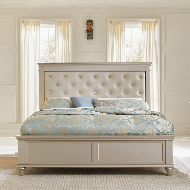 Modern Glam Silver Finish Queen Bed Button-Tufted Faux Leather Upholstery Texture Panels Bedroom Furniture 1pc