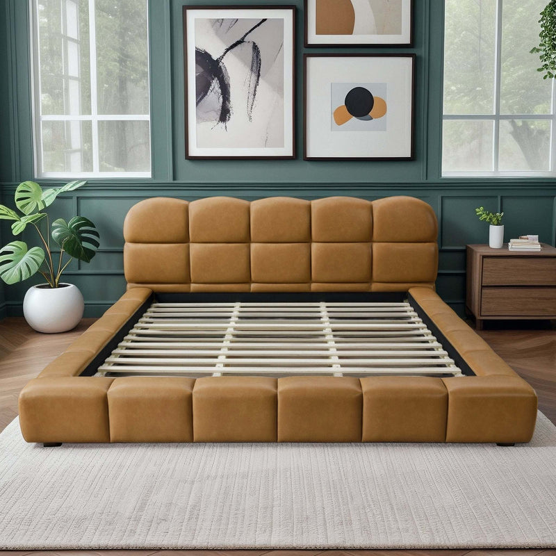 Roswell Luxurious King Size Platform Bed with Biscuit-Tufted Vegan Leather Headboard in Tan, Durable Material, 95.1 x 95.5 x 39.2 Inches