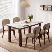 63' Sintered Stone Dining Table Set with 6 Upholstered Chairs, Farmhouse Dinner Table Set of 7 Piece with White Stone Top & Solid Wood Walnut Frame, Beige Chenille Seats, Heavy-Duty Support up to 1000
