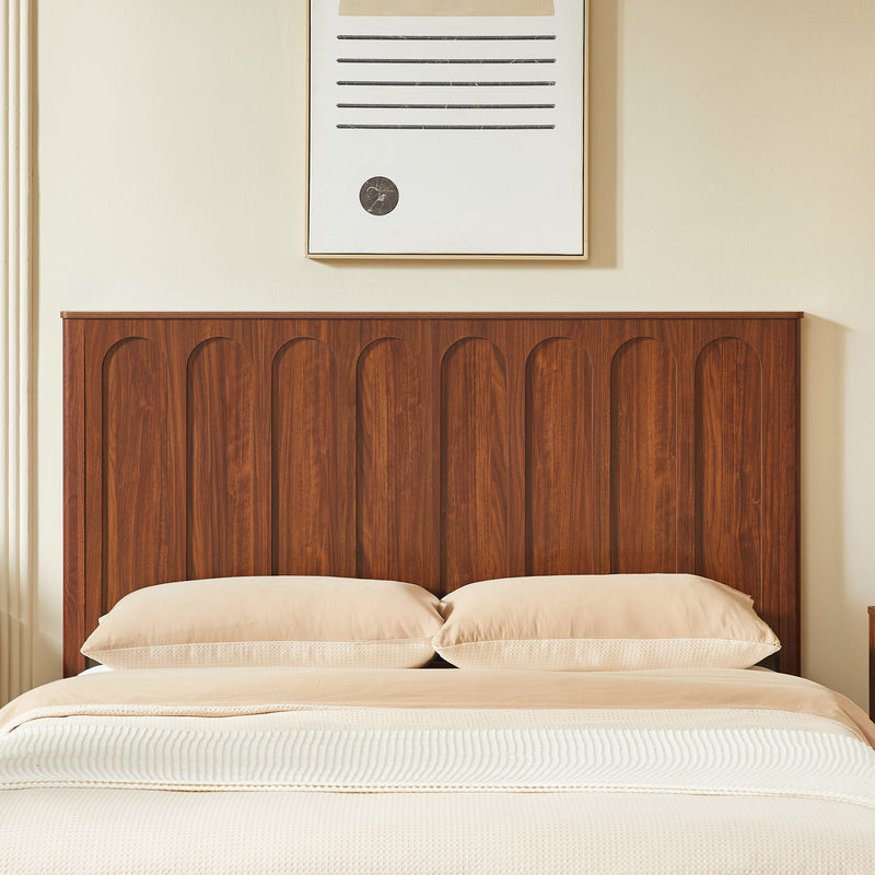 Queen Size Bed Frame with Storage, Mid-Century Modern Wood Platform Bed with Footboard Bench, Arched Panel Design, No Box Spring Needed, Walnut.