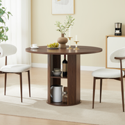 47.24' Round Dining Table (Serves 2–4) with Two Dining Chairs Blends modern and farmhouse styles, featuring a double-tiered storage shelf, suitable for dining rooms or living spaces.Walnut