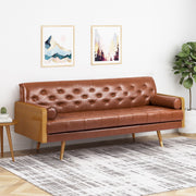 Adelaide Mid-Century Modern Tufted Sofa with Rolled Accent Pillows in Light Brown PU