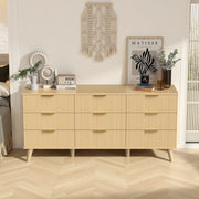 9 Drawer Dresser for Bedroom, Fluted Wooden Chest of Drawers for Children's Room, Nursery, Entrance, Natural, 63'W x 15.7'D x 29.5'H