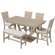 TOPMAX 6-Piece Wood Half Round Dining Table Set Kitchen Table Set with Long Bench and 4 Dining Chairs, Modern Style, Seadrift