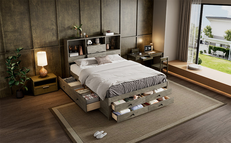Queen Size Platform Bed with Storage Headboard and 8 Drawers, Gray