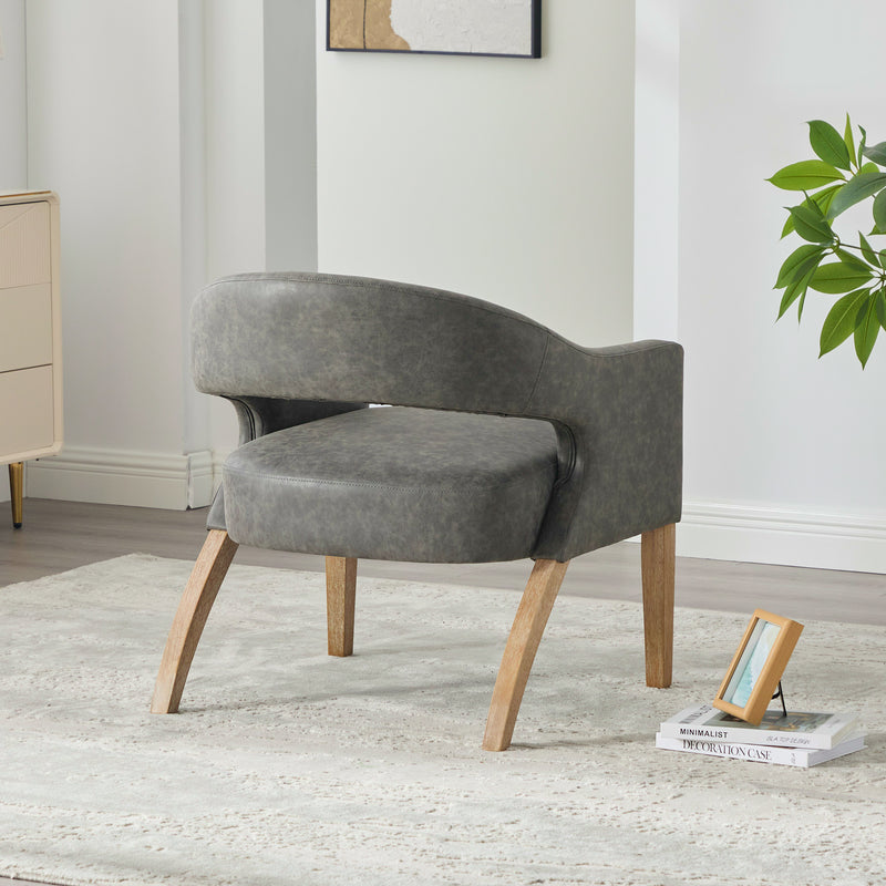 Modern Mid-Century PU Upholstered Open Back Armchair with Weathered Rubberwood Legs, Gray, for Living Room Bedroom Dining Room Cafes