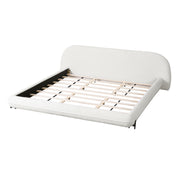 California King Size Bed Frame with Boucle Fabric, Upholstered Platform Bed with Curve-Shaped Design & Thick Headboard, White