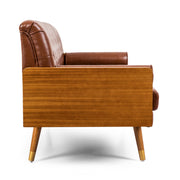 Adelaide Mid-Century Modern Tufted Sofa with Rolled Accent Pillows in Light Brown PU
