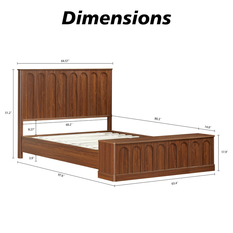 Queen Size Bed Frame with Storage, Mid-Century Modern Wood Platform Bed with Footboard Bench, Arched Panel Design, No Box Spring Needed, Walnut.