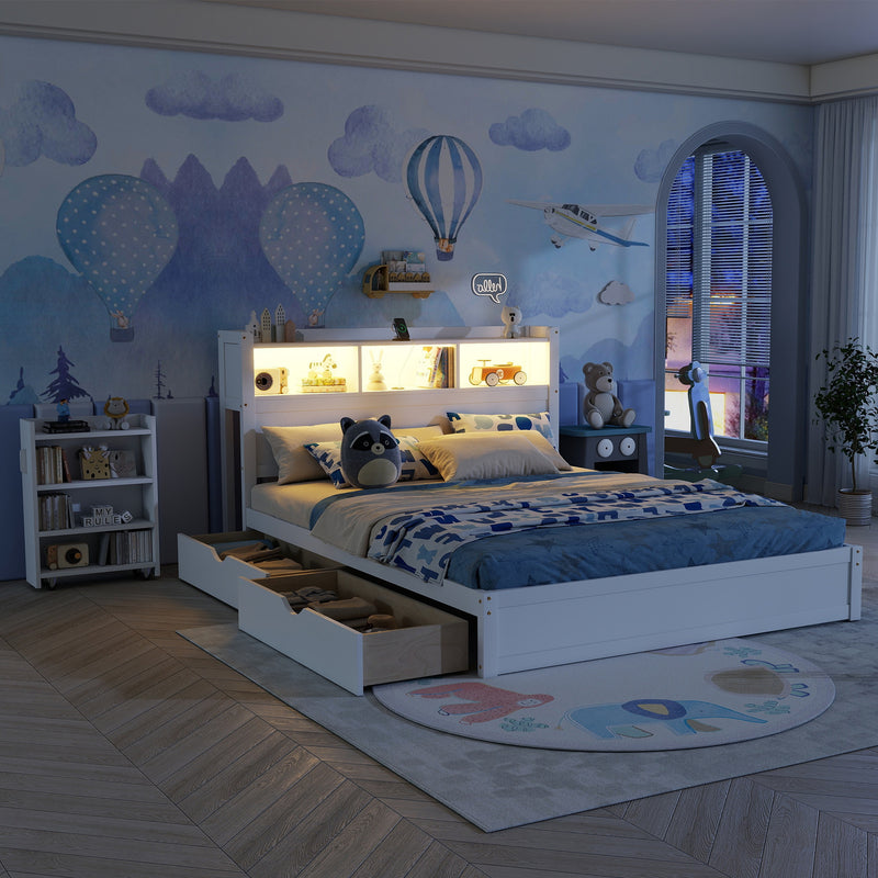Queen Size Bed with Drawers, Wood Queen Bed with Storage Headboard and Pull Out Storage Cabinet, Wood Bed with Light and Socket, White(Expect Arrival Date 2026/7/30)