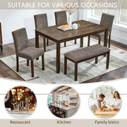 6-Piece Dining Table Set with Bench and Chairs, Wooden dining table set for 6 people, Farmhouse Rustic Style 6 Person Dining Table Set for Dining Room, Kitchen, Walnut