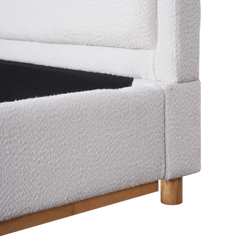 Queen Size Bed Frame with Boucle Upholstered Curved Headboard, Solid Wood Base, White
