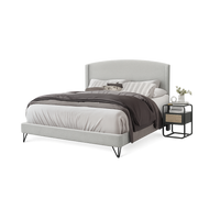 Boucle Fabric Upholstered Full Size Platform Bed Frame, Round Arc Wing Back Headboard, Light Gray