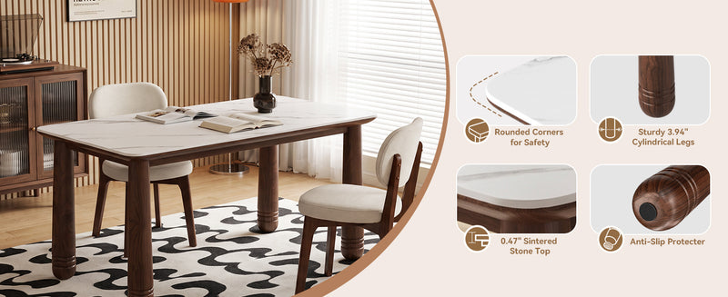 63' Sintered Stone Dining Table Set with 6 Upholstered Chairs, Farmhouse Dinner Table Set of 7 Piece with White Stone Top & Solid Wood Walnut Frame, Beige Chenille Seats, Heavy-Duty Support up to 1000