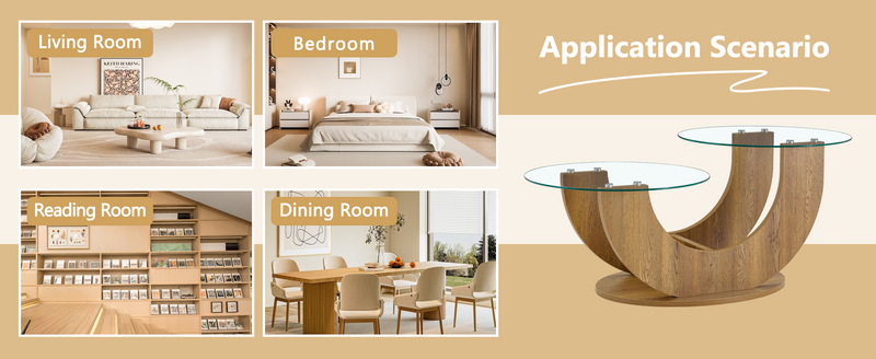 Creative U-Shaped Double-Tier Glass Coffee Table with Wood-Grain MDF Base: A Modern, Minimalist Living Room Side Table with Adjustable Height.