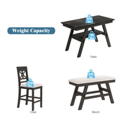TOPMAX 6-Piece Wood Counter Height Dining Table Set with Storage Shelf, Kitchen Table Set with Bench and 4 Chairs,Rustic Style,Espresso+Beige Cushion (old sku: N717S000257AAP)