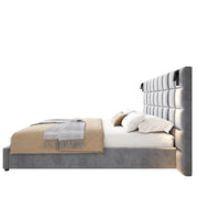 King Size Upholstered Bed Frame,With Wall Sconce And USB Port, Wide Headboard, Velvet, Gray