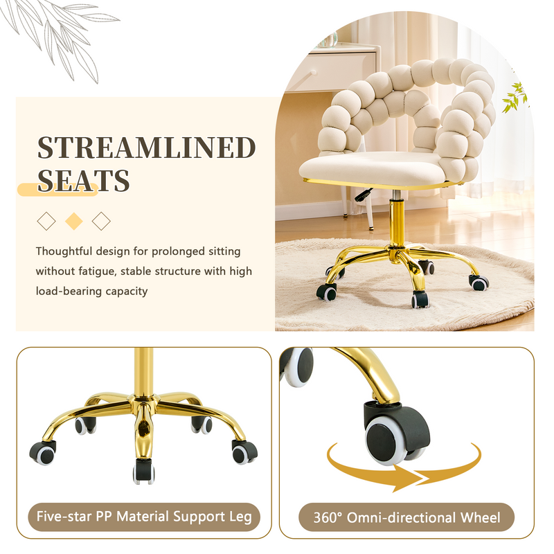 Modern Velvet Adjustable Swivel Desk Chair with Bubble Back, Upholstered Vanity Chair with Gold Metal Base, Rolling Office Chair for Home Office, Bedroom, Makeup Room, Beige (Set of 1)