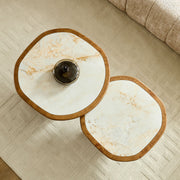 Irregular Coffee Table set, 2pcs burl Wood Veneer Coffee Table,Sintered Stone Tabletop Table with Sturdy MDF Pedestal, Rounded Sofa Side Table for living Room,Office