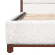 Queen Size Upholstered Bed Frame, Walnut Wood Trim with White Fabric, Plywood & Rubber Wood Construction, 600 LBS Weight Capacity, Fits 8'-10' Mattress, No Box Spring Needed