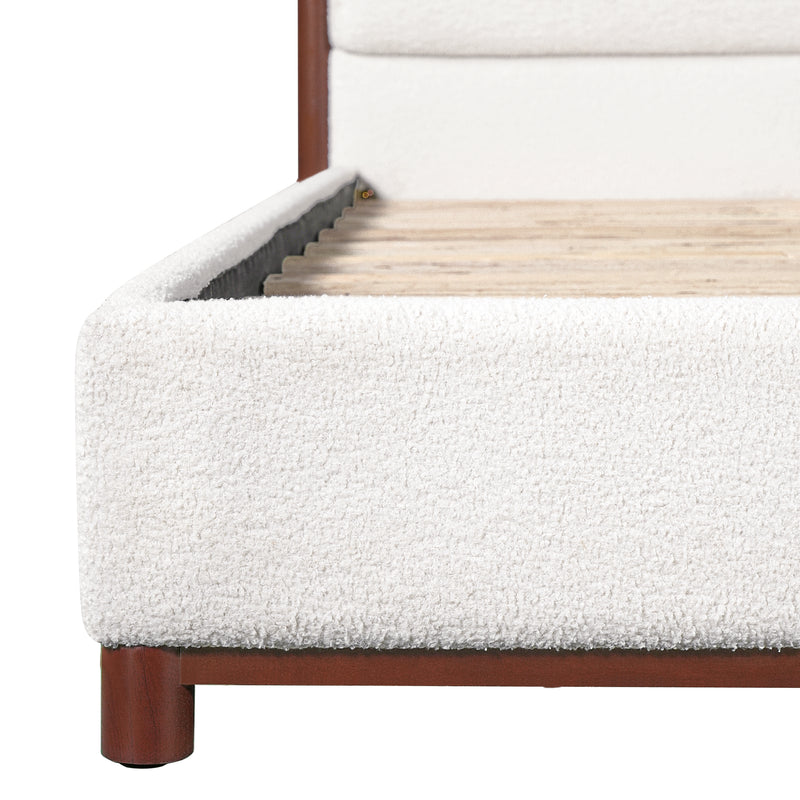 Queen Size Upholstered Bed Frame, Walnut Wood Trim with White Fabric, Plywood & Rubber Wood Construction, 600 LBS Weight Capacity, Fits 8'-10' Mattress, No Box Spring Needed