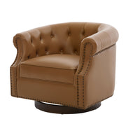 Brown 360° Swivel Accent Chair with PU Leather Upholstery and Bent Wood Base, Curved Back Club Chair for Living Room and Bedroom