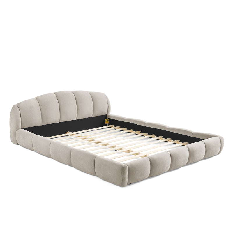 Queen Size Elegant Chenille Upholstered Platform Bed Frame, Thick Curved Headboard & Wrapped Footboard, Low Profile Floor Bed, No Box Spring Required, Easy Assembly, Beige