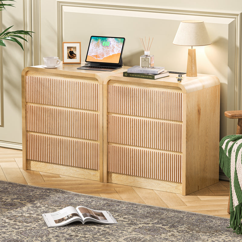 Modern Fluted Night Stand with Charging Station, 25' Tall Wood Nightstand Bedside Table with 3 Drawers & USB Ports, Mid-Century End Table for Bedroom (1, Nature Fluted, 3 Drawers)