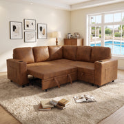 Foil Fabric upholstered L-Shape Sectional Sofa Bed with Pull Out Sleeper and Storage, Convertible Corner Couch with Cup Holders & Side Pockets for Living Room