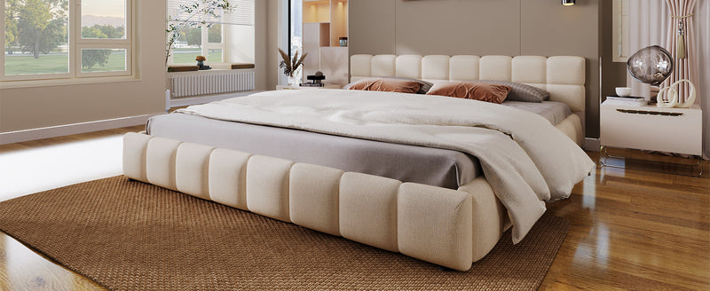 Elegant Beige Chenille Upholstered Bed with Checkerboard Design, Queen, Beige