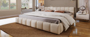 Elegant Beige Chenille Upholstered Bed with Checkerboard Design, Queen, Beige