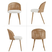 Round wooden dining table + 4 brown wicker dining chairs in Bohemian medieval style with soft beige sponge cushions