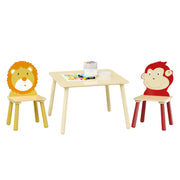 Kids Table And 2 Chairs Set, 3 Pieces Toddler Table And Chair Set, Wooden Activity Play Table Set (Lion&Monkey) - Natural